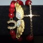Arm Candy Set of Three 8 MM Ruby Red Jade Gold Charm Stretch Bracelets 7.50"