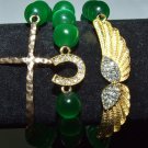 Arm Candy Set of Three 10 MM Emerald Mexican Opal/Cat's Eye Gold Charm Stretch Bracelets 7.50"