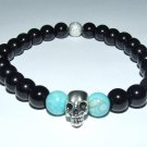 Men's 8 MM Black Onyx Pewter Skull and Turquoise Stretch Bracelet 8.25"