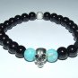 Men's 8 MM Black Onyx Pewter Skull and Turquoise Stretch Bracelet 8.25"