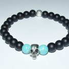 Men's 8 MM Matte Black Onyx Pewter Skull and Turquoise Stretch Bracelet 8.25"