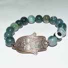 Women's 10 MM Moss Agate Hamsa Charm Stretch Bracelet 7.10"