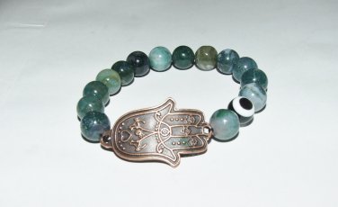 Women's 10 MM Moss Agate Hamsa Charm Stretch Bracelet 7.10"