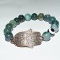 Women's 10 MM Moss Agate Hamsa Charm Stretch Bracelet 7.10"