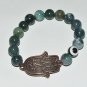 Women's 10 MM Moss Agate Hamsa Charm Stretch Bracelet 7.10"