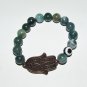 Women's 10 MM Moss Agate Hamsa Charm Stretch Bracelet 7.10"