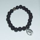 Men's 10 MM Black Lava Stretch Bracelet With Antique Silver-Tone OM Charm and Buddha Bead  8.0"