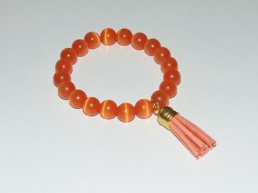 Women's 10 MM Orange Cats-Eye/Mexican Opal Mala Tassel Stretch Bracelet 7.25"