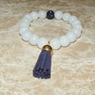Women's 10 MM White Agate Navy Blue Mala Tassel Bracelet 7.50"