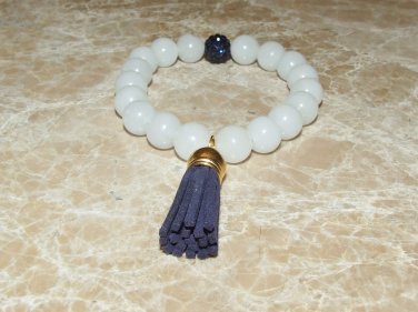 Women's 10 MM White Agate Navy Blue Mala Tassel Bracelet 7.50"