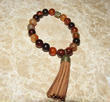 Men's 10 MM Fire Agate Buddha Head Mala Tassel Stretch Bracelet 8.0"