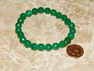 Women's 8 MM Emerald Green Jade Golden Napoleon Coin Stretch Bracelet 7.25"