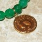 Women's 8 MM Emerald Green Jade Golden Napoleon Coin Stretch Bracelet 7.25"