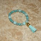 Women's Aquamarine Mala Tassel  Stretch Bracelet 7.25"