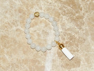 Women's 10 MM White Agate Mala Tassel Bracelet 7.25"