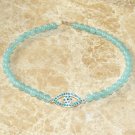 8 MM Aquamarine Swarovski Evil Eye Choker Necklace 17.5"