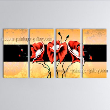 4 Pieces Contemporary Wall Art Floral Painting Poppy Decoration Ideas