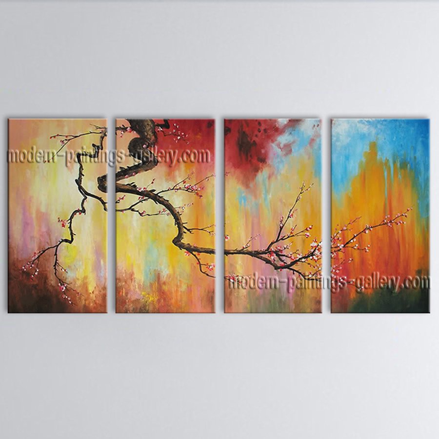 Tetraptych Contemporary Wall Art Floral Plum Blossom On Canvas Artworks