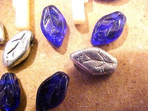 Leaves 6 Tiny Cobalt and Silver Glass Beads