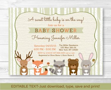 Woodland Animals Fox Deer Bear Neutral Baby Shower Invitation Editable PDF