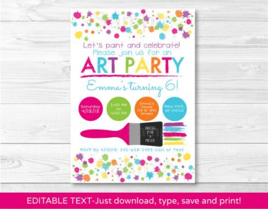 Art Birthday Party Rainbow Art Party Printable Birthday Invitation Editable PDF