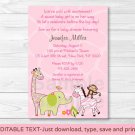 Safari Girl Jungle Animal Printable Baby Shower Invitation Editable PDF
