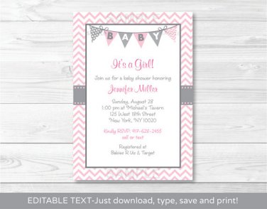 Modern Pink Chevron Printable Baby Shower Invitation Editable PDF