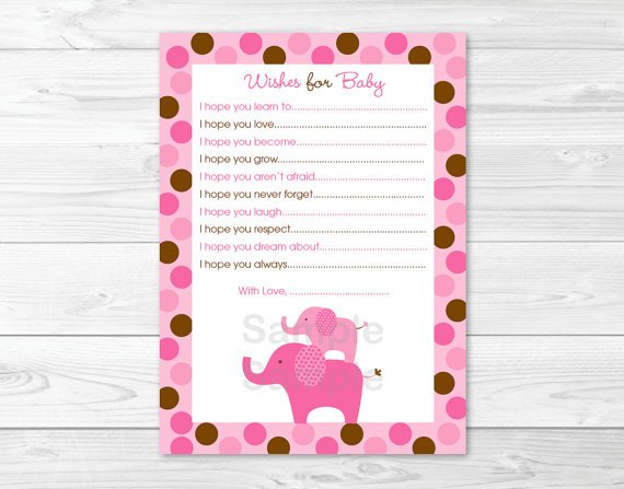 Pink Polka Dot Elephant Printable Baby Shower Wishes For Baby Advice Cards #A102