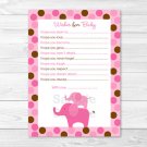 Pink Polka Dot Elephant Printable Baby Shower Wishes For Baby Advice Cards #A102
