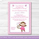 Pink Tutu Monkey Printable Baby Shower Invitation Editable PDF #A105