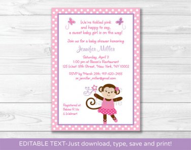 Pink Tutu Monkey Printable Baby Shower Invitation Editable PDF #A105