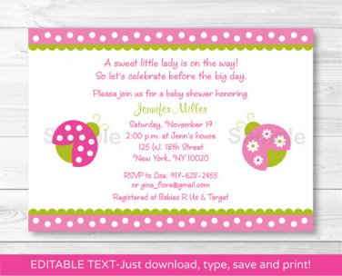 Pink Green Lil Ladybug Printable Baby Shower Invitation Editable PDF #A108