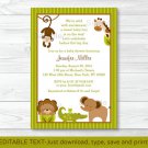 Baby Safari Lion Monkey Elephant Printable Baby Shower Invitation Editable PDF #A109