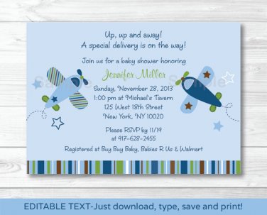 Lil Aviator Airplane Printable Baby Shower Invitation Editable PDF #A112