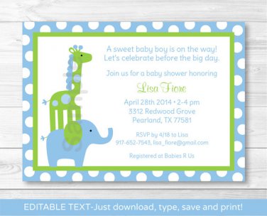 Mod Elephant Giraffe Jungle Printable Baby Shower Invitation Editable PDF #A113