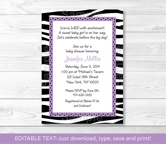 Sassy Zebra Printable Baby Shower Invitation Editable PDF #A130
