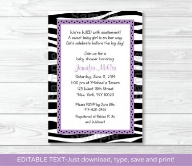 Sassy Zebra Printable Baby Shower Invitation Editable PDF #A130