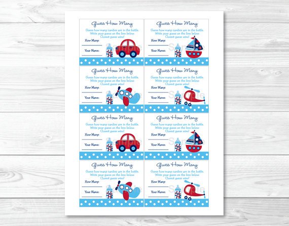 Around The Town Transport Printable Baby Shower "guess How Many?" Game Cards #A137