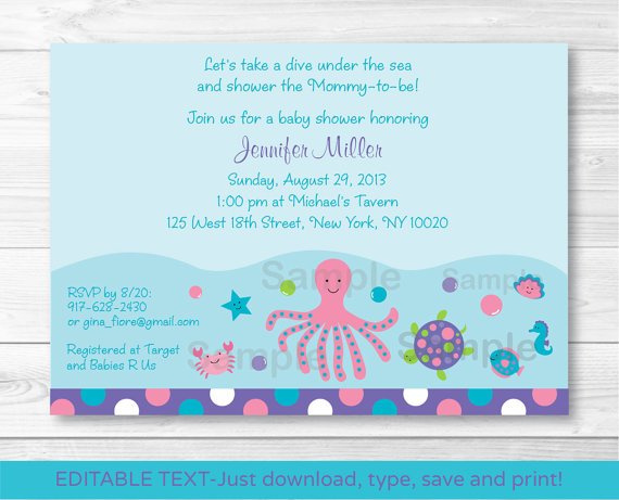 Pink Under The Sea Octopus Turtle Nautical Baby Shower Invitation Editable PDF #A145