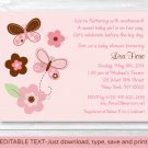 Pink Butterfly Flowers Printable Baby Shower Invitation Editable PDF #A147