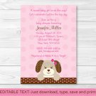 Pink Puppy Dog Polka Dot Girls Printable Baby Shower Invitation Editable PDF #A152