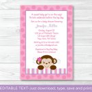 Lil Girl Monkey Jungle Safari Printable Baby Shower Invitation Editable PDF #A153