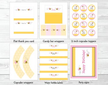 Pink Bumble Bee Printable Birthday Party Package #A154