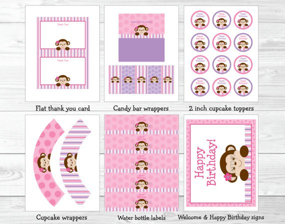 Mod Girl Monkey Pink And Purple Printable Birthday Party Package #A161