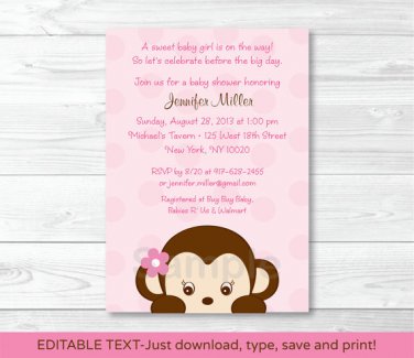 Mod Girl Monkey Jungle Safari Printable Baby Shower Invitation Editable PDF #A167
