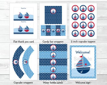 Sail Away Sailboat Nautical Blue Printable Birthday Party Package #A168