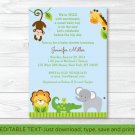 Blue Safari Jungle Animals Printable Baby Shower Invitation Editable PDF #A170