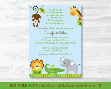 Blue Safari Jungle Animals Printable Baby Shower Invitation Editable PDF #A170