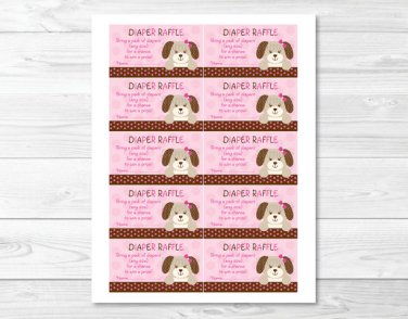 Pink Polka Dot Puppy Dog Printable Baby Shower Diaper Raffle Tickets #A152