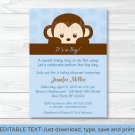 Mod Pop Monkey Blue Printable Baby Shower Invitation Editable PDF #A175